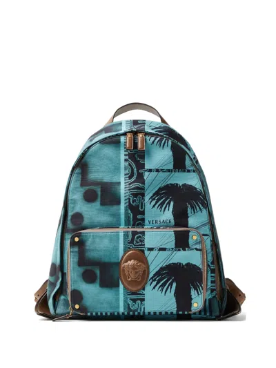 Versace Lou Printed Canvas Backpack In Blue