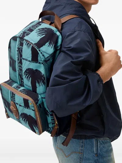 Versace Lou Printed Canvas Backpack In Blue