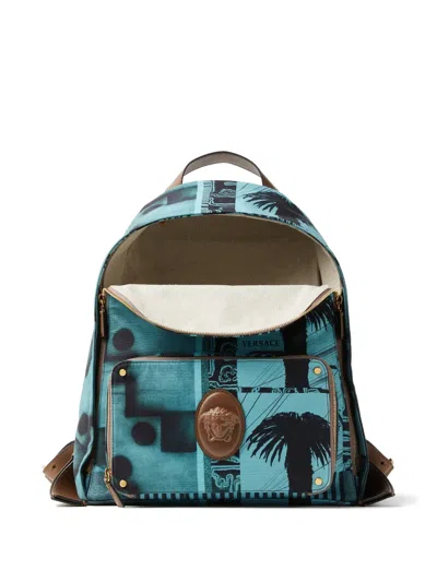 Versace Lou Printed Canvas Backpack In Blue
