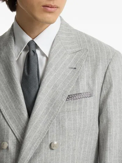Brunello Cucinelli Silk Geometric Pattern Pocket Square In Gray
