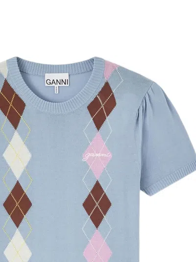 Ganni Argyle-pattern Puff-sleeve T-shirt In Blue