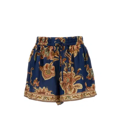 Zimmermann Aster Shorts Elastic Waistband Floral Trim Pockets In Blue