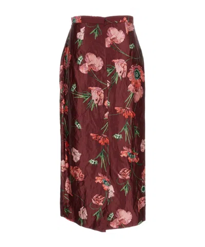 Erdem Floral-printed Satin Midi Pencil Skirt In Burgundy