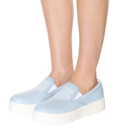 Shop Kenzo Leather Platform Slip-on Sneakers In Light Llue
