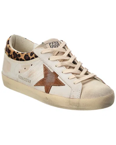 Golden Goose Super-star Sneakers In Suede With Worn Effect And Leopard Print Hairy Cow In White