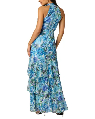 Adrianna Papell Tiered Metallic Floral Chiffon Halter Gown In Blue Multi