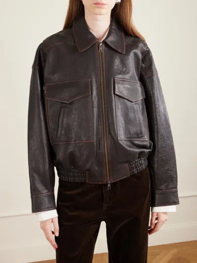 Staud Oversized Textured-leather Bomber Jacket In Brown