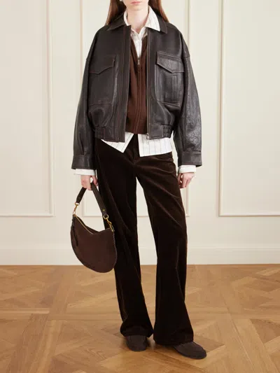 Staud Oversized Textured-leather Bomber Jacket In Brown