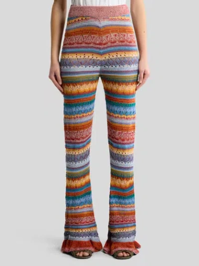 Etro Flared Knit Cotton Trousers With Stripes And Openwork In Multi