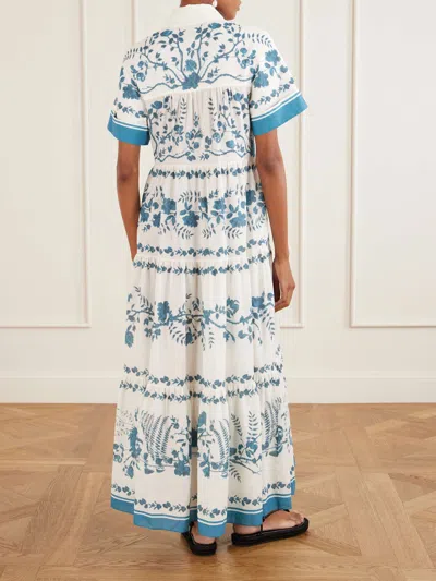 Erdem Womens Wild Fern Bot Dream Blue Botanical-print Tiered Cotton And Linen-blend Midi Shirt Dress In White