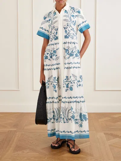 Erdem Womens Wild Fern Bot Dream Blue Botanical-print Tiered Cotton And Linen-blend Midi Shirt Dress In White