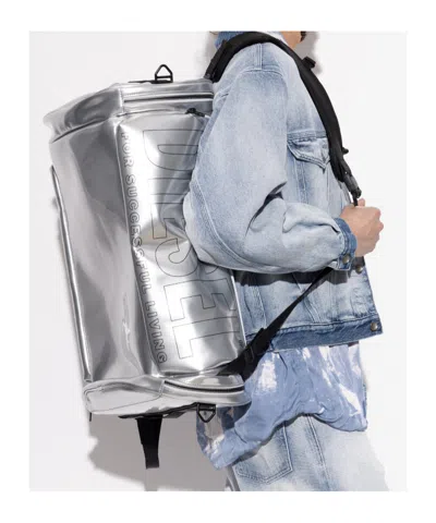 Diesel Logo-print Metallic-effect Backpack In Silver