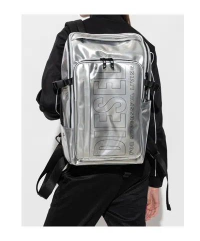 Diesel Logo-print Metallic-effect Backpack In Silver