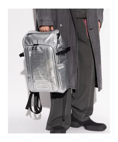 Diesel Logo-print Metallic-effect Backpack In Silver