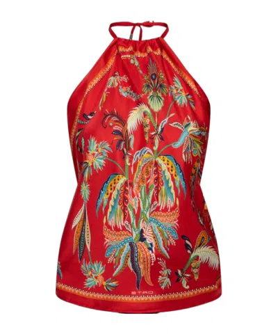 Etro Silk Top With Halterneck And Paisley Foliage Motif In Red