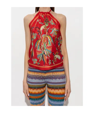 Etro Silk Top With Halterneck And Paisley Foliage Motif In Red
