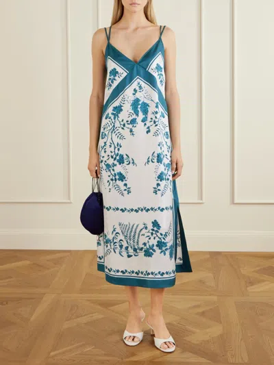 Erdem Womens Wild Fern Bot Dream Blue Strappy Scarf Silk Twill Midi Slip Dress