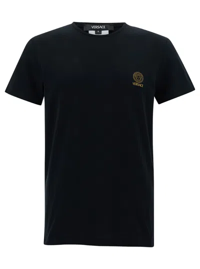Versace Black Crewneck T-shirt With Medusa Logo Print In Stretch Cotton Man In Black