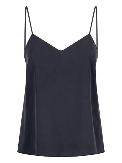 Max Mara Navy Solid V Neck Top In Blue