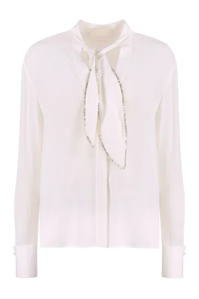 Genny Creased Pleated Shirt With Pussy-bow Collar In White