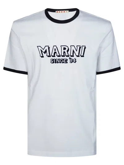Marni Crew Neck T-shirt With Front Logo And Ribbed Accents In White