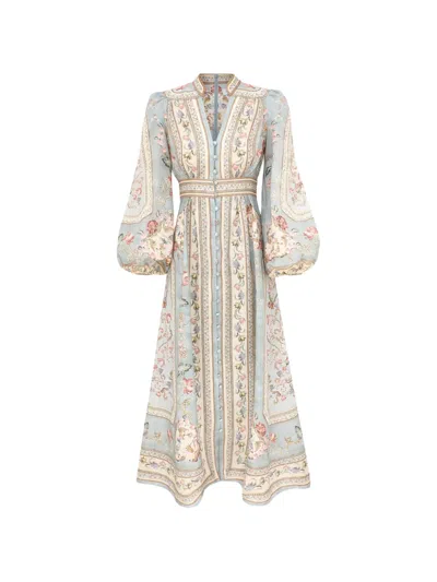 Zimmermann Womens Blue Tapestry Floral Roselight Plunge Linen Midi Dress Xs In Multi