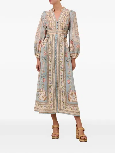 Zimmermann Womens Blue Tapestry Floral Roselight Plunge Linen Midi Dress Xs In Multi
