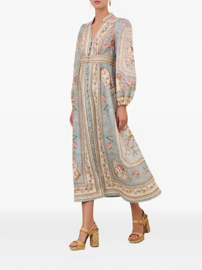 Zimmermann Womens Blue Tapestry Floral Roselight Plunge Linen Midi Dress Xs In Multi