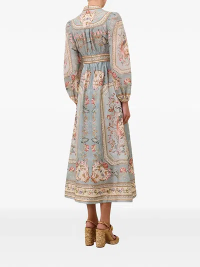 Zimmermann Womens Blue Tapestry Floral Roselight Plunge Linen Midi Dress Xs In Multi