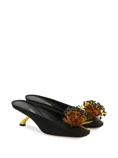 Ferragamo Black Heeled Sandals With Crystal Decoration On The Front In Fabric For Women