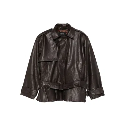 Rotate Birger Christensen Giacca Biker In Pelle Di Agnello Marrone Scuro Con Cintura Rotate In Brown