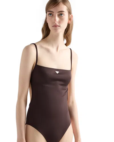 Prada Einteiliger Badeanzug Aus Interlock-strick In Brown