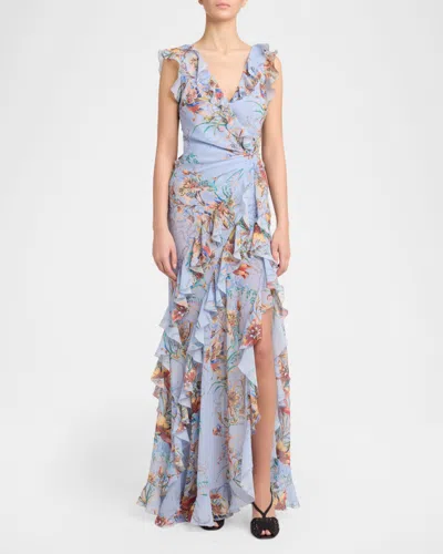 Etro Ruffled Tiered Paisley And Floral-print Satin Maxi Dress In Blue