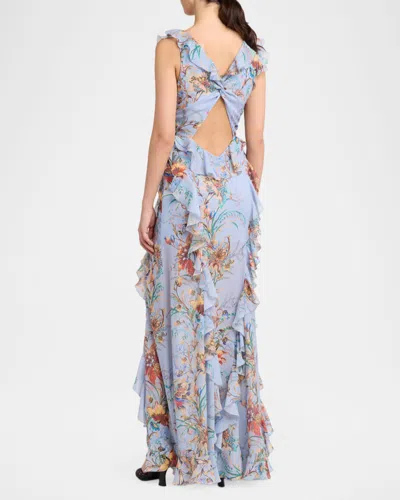 Etro Ruffled Tiered Paisley And Floral-print Satin Maxi Dress In Blue