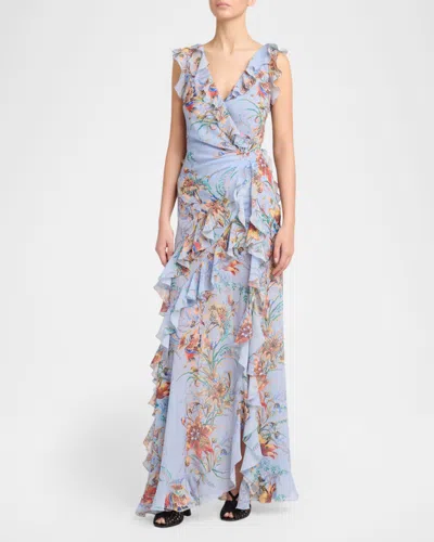 Etro Ruffled Tiered Paisley And Floral-print Satin Maxi Dress In Blue