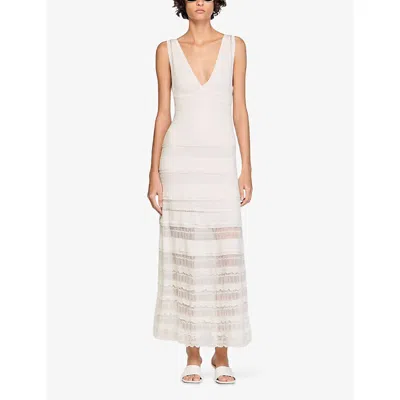 Sandro Womens White V-neck Pointelle Knitted Maxi Dress In Gray