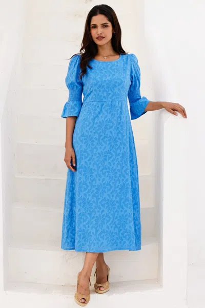 Aspiga Ladies Sustainable Organic Cotton Flora 3/4 Length Sleeve Summer Wedding Guest Blue Dress