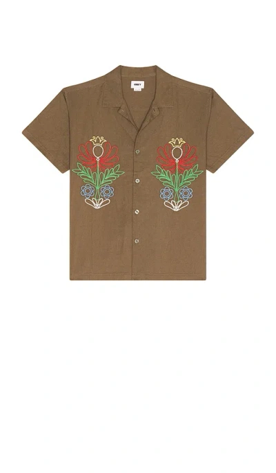 Obey Perry Woven Button Down Canteen In Brown