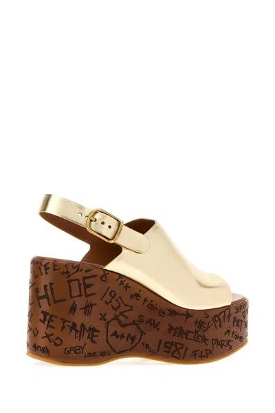 Chloé Maxime Leather Wedge Mules Slingback Platform In Gold
