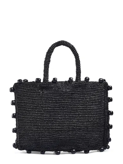 Mc2 Saint Barth Rectangular Raffia Handbag With Beaded Edges In Black