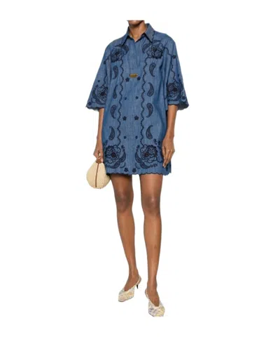 Zimmermann Aster Broderie Anglaise-trimmed Cotton-denim Mini Dress In Blue