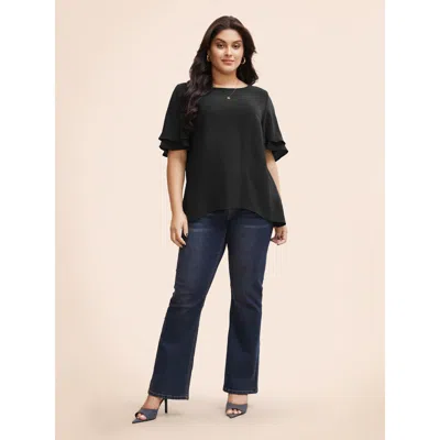 Bloomchic Women's Plus Size Solid Tiered Ruffles Split Hem Blouse Black Solid Elegant Half Sleeve Round Neck 1 In Black