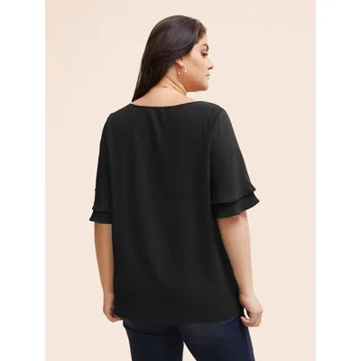 Bloomchic Women's Plus Size Solid Tiered Ruffles Split Hem Blouse Black Solid Elegant Half Sleeve Round Neck 1 In Black