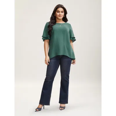 Bloomchic Women's Plus Size Solid Tiered Ruffles Split Hem Blouse Emerald Solid Elegant Half Sleeve Round Neck In Green