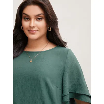 Bloomchic Women's Plus Size Solid Tiered Ruffles Split Hem Blouse Emerald Solid Elegant Half Sleeve Round Neck In Green