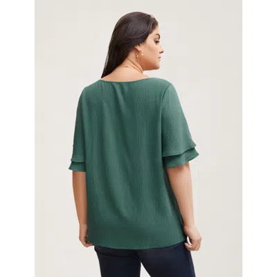 Bloomchic Women's Plus Size Solid Tiered Ruffles Split Hem Blouse Emerald Solid Elegant Half Sleeve Round Neck In Green