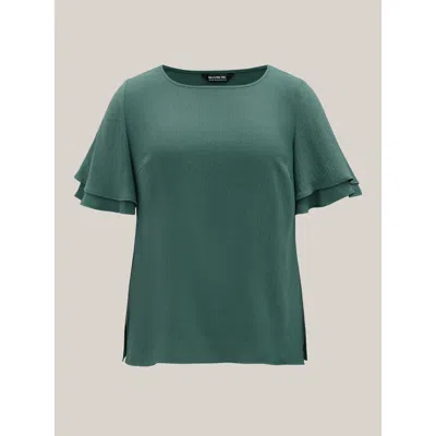 Bloomchic Women's Plus Size Solid Tiered Ruffles Split Hem Blouse Emerald Solid Elegant Half Sleeve Round Neck In Green