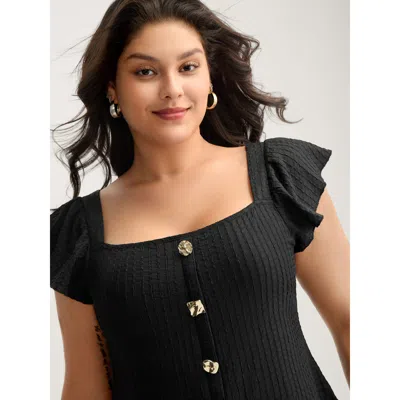 Bloomchic Women's Plus Size Textured Shape Button Flutter Sleeve Blouse Black Solid Office Short Sleeve Square In Black