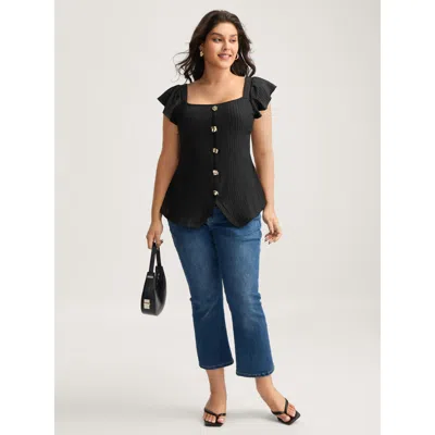 Bloomchic Women's Plus Size Textured Shape Button Flutter Sleeve Blouse Black Solid Office Short Sleeve Square In Black