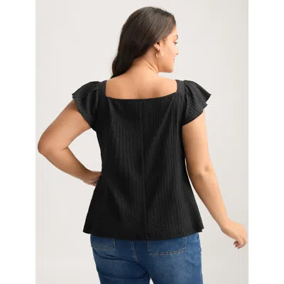 Bloomchic Women's Plus Size Textured Shape Button Flutter Sleeve Blouse Black Solid Office Short Sleeve Square In Black